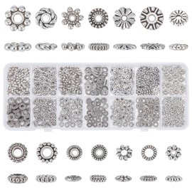 PH PandaHall 480pcs Silver Spacer Beads 14 Style Jewelry Beads Metal Flower Gear Snowflake Rondelle Beads Charm Spacers Tibetan Alloy Loose Beads Kit for Bracelets Necklace Earrings Jewelry Making