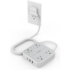 TESSAN Regleta Multicontacto con Protector de Sobretensión, 1.5M Plana Extension Electrica, Enchufe Plano Conector Multiple con 4 Salidas y 3 USB (1 USB C), Hogar Oficina Dorm, Gris