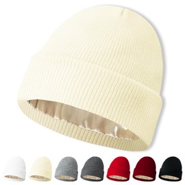 NPQQUAN Satin Lined Beanie for Women Silk Lined Beanies Winter Warm Soft Lining Cuffed Knit Beanie Hats for Women Beige
