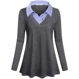 SeSe Code Long Sleeve Blouse Women Baggy V Neck Shirts Ruched Draped Petite Tops Turn Down Collar Contrast Color Delicate Beautiful Unique Office Work Clothes Grey M