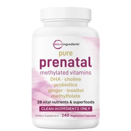 Pure Methylated Prenatal Vitamins for Women, 240 Veggie Capsules | 38-in-1 with DHA, Choline, Probiotics, Manganese, Inositol, & Vitamin A, C, D, B Complex + Methylfolate, & Iron | No Fillers