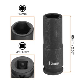 sourcing map 2pcs Deep Impact Socket 3/8" Square Drive by 13mm Metric 6 Point Socket 65mm (2.56") Long CR-MO Steel Industrial Grade Flip Socket for Home Auto Hex Nuts Bolts Repair, Black