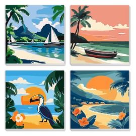 MXJSUA 4 Pack Beach Sea View Paint by Numbers Kit with Framed Canvas for Ages 6-12 Kids, Paint by Numbers Kits for Adult Beginners, Acrylic Oil Painting for Home Wall Decor Gift (8x8 inch)