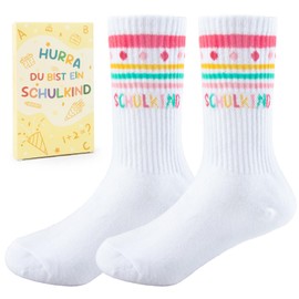 Tutukyle Schulkind Socks First Day of School 1 Pair White 25-34 Cotton with Gift Box School Introduction 2025 Gift for Boys Girls Start School Beginner School Cone Filling First Day Gift, Pink stripes