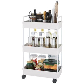 Buzowruil Rolling Storage Cart 3 Tier Organizer Mobile Shelving Unit Storage Rolling Utility Cart with Wheels for Kitchen Bathroom Laundry,White