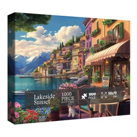Colorful Flower Landscape Puzzle for Adults 1000 Pieces, Cozy Italy Lake Jigsaw Puzzle, Cat Puppy Plant Coffee Puzzle