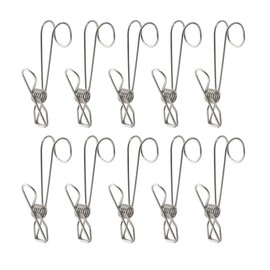 Cabilock 10pcs Stainless Steel Metal Long Tail Clip with Hooks Cord Clothes Pins Hanging Peg Clips Utility Clips for Laundry Outdoor Clothesline Kitchen Camping (Steel Color)
