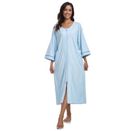 ANLIQI Women Zipper Robe 100% Cotton 3/4 Sleeve Full Length Housecoats Lightweight Long Bathrobe with Pockets Loungewear Nightgown (LB,M)
