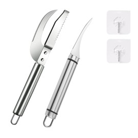 Wjwumha 4Pcs Shrimp Deveining Tool Fish Scaler Set, Shrimp Peeler, Multifunction Fish Cutter Cleaner Knife, Stainless Steel Kitchen Seafood Tool - 2 Hook