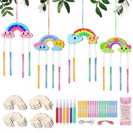 Moosono Pack of 12 Rainbow Wind Chime Craft Set Children DIY Wooden Pendant Craft Set Wooden Crafts Children's Birthday Gifts Creative Sets Wind Chimes for Girls Boys