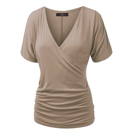 Made By Johnny MBJ WT1118 Womens V Neck Short Sleeve Wrap Front Drape Dolman Top L Taupe