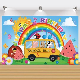 Cartoon Birthday Party Supplies,Kid Birthday Party Decorations Banner Animal School Bus Backdrop Boys and Girls Happy Birthday Banners