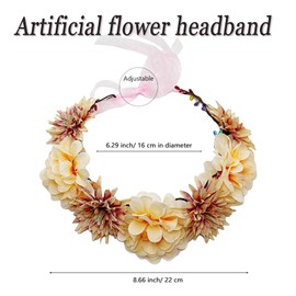 Yheahin Adjustable Flower Crown Floral Headpiece for Women Handmade Floral Wreath Hair Band Beach Bridal Wedding Flower Headband Festival Photo Props (Orange, Adjustable)