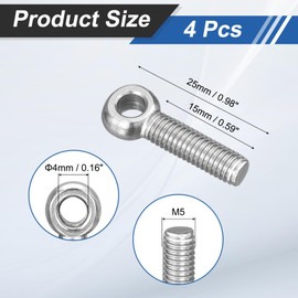sourcing map 4Pcs M5 x 20mm Lifting Eye Bolts, 304 Stainless Steel Machinery Shoulder Swing Bolt Lifting Ring Eyebolt for Pipeline Gate Valves, Building Steel Pipe Fasteners, Silver