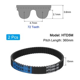 sourcing map 2pcs HTD-5M Rubber Timing Belt 72 Teeth, 360mm Pitch Length x 15mm Width x 3.6mm Height, Closed Loop Pulley Timing Belt