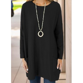 Naggoo Long Tees with Pockets for Women Casual T-Shirts Loose Fit Solid Color Long Sleeve Tunic Tops Boxy Shirts Women Black XXL