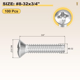 METALLIXITY Phillips Cross Recessed Countersunk Head Screws Bolts (#8-32x3/4) 100Pcs, 304 Stainless Steel Flat Head Woodworking Machine Screws - for Furniture Assembly DIY Projects, Silver