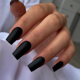 Matte Black Press on Nails Long Square, KXAMELIE Medium Coffin Nails Press ons Long Glue on Nails Natural Thick Fake Long Nails Acrylic Nails Reusable 24 Fake Nails Solid Color False Nails for Women
