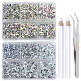 LPBeads 6400 Pieces AB Crystal and Clear Hotfix Rhinestones Flat Back 5 Mixed Sizes Crystal Round Glass Gems with Tweezers and Picking Rhinestones Pen