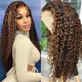 Unipearl Deep Curly Real Hair Wig 13 x 4 HD Lace Front Wig Human Hair 45 cm (18 Inches), #4/27 Ombre Blonde Brown Water Wave Glueless Wig 100% Brazilian Real Hair Wigs for Women 150% Density
