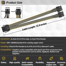 8 Pack 8 Pin PCIe Splitter to Dual 8 Pin (6+2) Graphics Card PCI Express Power Adapter, 12.5 inches VGA GPU Extension Cable for Mining Video Card