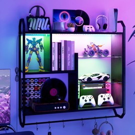 ELECWISH Gaming Floating Shelves for Wall, 34" LED Wood Pipe Shelf with Adjustable Glass Shelf, Display Bookshelf with 6 S-Hook for Living Room Kitchen Coffee Bar Black