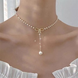 TseanYi Pearl Bow Y Lariat Necklace Crystal Pearl Drop Lariat Necklace Gold Bow Pearl Choker Necklace Long CZ Pearl Dangle Necklace Bridal Pearl Wedding Necklace Jewelry for Women and