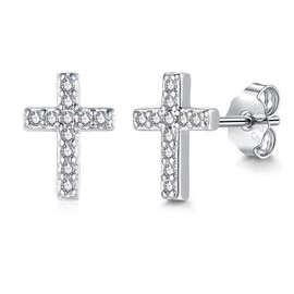 Zolkamery Silver Stud Earrings, Small 925 Sterling Silver Cross Studs, Zirconia Silver Stud Earrings for Women, Mini White Gold Plated Hypoallergenic Studs Earrings, Neutral Sleeper Earrings for Men