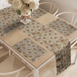 Ambesonne Vintage Table Runner & Placemats, Sketch Art Style Gerbera Daisies Abstract Flowers Autumn Garden Flourish, Set for Dining Table Decor, Placemat 4 pcs + Runner 16"x72", Tan Orange Marigold