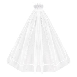 Psyqtsuary White Short Wedding Veil Short Bridal Veil Women's Short Vails with Pearl Rhinestone Elegant Tulle Layer Veil For Brides and Women