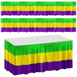 Wehhbtye 2 Pack Plastic Mardi Gras Table Skirt - 29in x 14ft New Orleans Mardigras Table Cover Decoration - Waterproof Green Purple Gold Tablecloths for Rectangular Round Tables