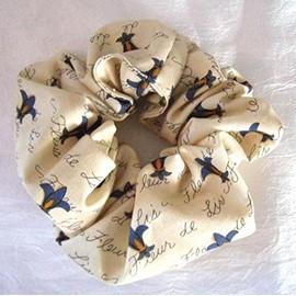 Blue Fleur de Lis on Ivory Cotton Hair Scrunchy-Regular - Made in the USA