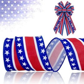 Veterans Day Ribbons for Crafting, 2.5 Inch ×10 Yard Patriotic Wired Edge Ribbon Blue Red Burlap Ribbons American Stars Ribbon Bows for Gift Wrapping Memorial Day Decorations Supplies