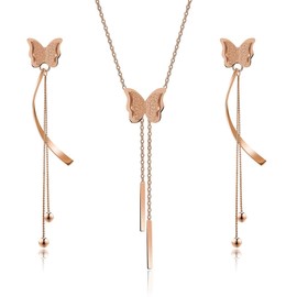 EVEVIC Stainless Steel Butterfly Necklace Earrings Set for Women 14K Gold Plated Hypoallergenic Jewelry Sets (Tassels/Rose-Goldtone)