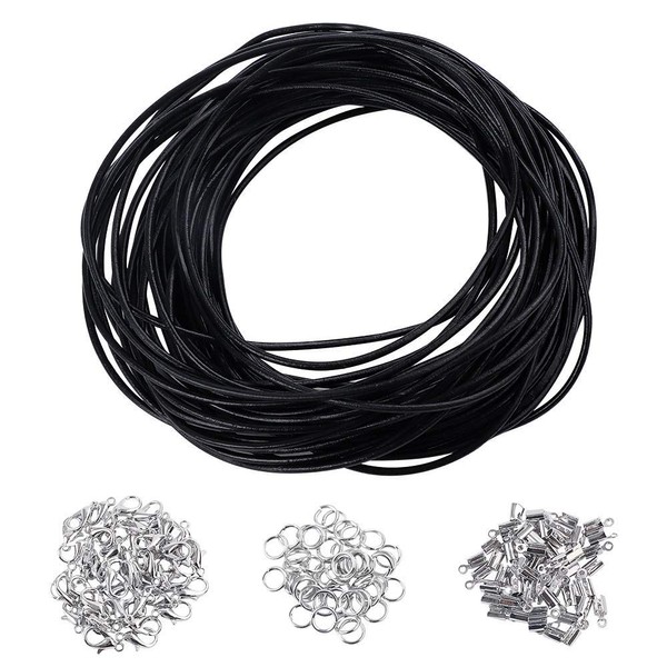 10 Meters 2 mm Leather Cord for Jewelry Making,Round Leather Cord String Rope with 50Pcs Jump Ring,50 Lobster Clasps,50 Fold Over Cord Ends,String for DIY Bracelet Necklace Jewelry Making Kit Black