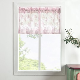 Kotile Pink Sheer Valance for Windows, Country Rustic Floral Short Lace Cafe Curtain 18 Inch Length, Light Filtering Rod Pocket Lace Valance Curtain, 52 x 18 Inch, 1 Panel, Pink