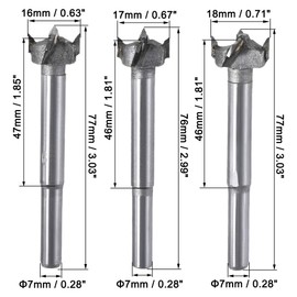 sourcing map Forstner Wood Boring Drill Bits 16mm 17mm 18mm Dia. Hole Saw Carbide Alloy Steel Tip Round Shank Cutting for Hinge Plywood Wood Tool 3in1 Set