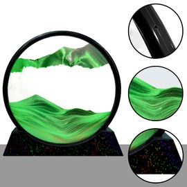 SAOTAENG Moving Sand Art Picture Round Glass Green 3D Color Quicksand Art Decor in Motion Display Flowing Sand Frame Relaxing Home Decor Or Room Decor (10IN