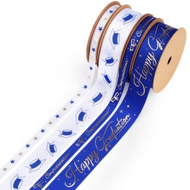 LaRibbons Graduation Ribbon 1" and 3/8" x 5 Yards 4 Rolls, Blue and White Gold Congrats Grad Satin Grosgrain Ribbon for Gift Wrapping Class of 2025 Graduation Party, Lei Making