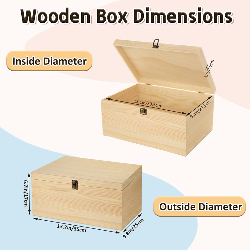 DAJAVE Unfinished Wooden Box-13.7x9.8x6.7 Inch Large Wooden Box with Hinged
