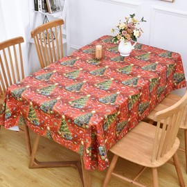 Yofori Christmas Table Cloth Wipe Clean PVC Xmas Tablecloth Rectangle Red Plastic Table Cover Waterproof Wipeable Vinyl Oilcloth for Spring festival New Year Dining Party (Christmas Trees, 137x180cm)