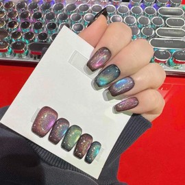 Medium Square Press on Nails Cat Eye Handmade False Nails with Designs, French Tip Short Coffin Reusable Fake Nails (Planet#Small)