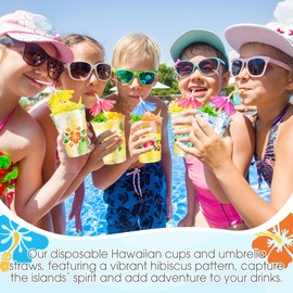 Jingmore 100 Set 12 oz Hawaiian Plastic Cups with Umbrella Straws Hibiscus Disposable Drinking Cups for Beach Hawaiian Luau Party Supplies Drinkware Decorations