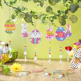Yuntau 9 Pcs Easter Diamond Painting Ornaments Kits Double Sided Colored Egg Rabbit Diamond Art Ornaments Easter Crystal Hanging Pendants Wind Chimes for Adult Kids DIY Crafts Home Party Decor