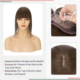 S-noilite Real Hair Topper Upgraded Silk Base Clip In Topper with Wispy Bangs for Women Crown Human Hair Topper with Thinning Hair 120% Density Wiglet Hairpieces (12 Inch,Dark Brown)