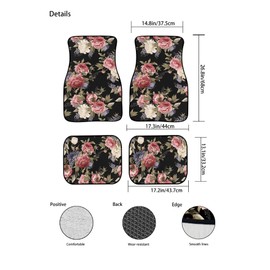 Dark Vintage Floral Flowers Print Car Floor Mats Set of 4,Seamless Floral Pattern with Peonies Watercolor Vehicle Front Rear Carpets Mats Universal Car Floor Rugs Car Accessories for Van Truck