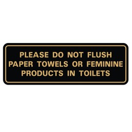 All Quality Standard Please Do Not Flush Paper Towels or Feminine Products in Toilets Door/Wall Sign - Durable Material | Double-Sided Foam Tape | Black/Gold - Small (10 Pack)
