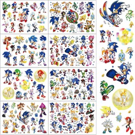 TUMAJI 8 Sheets Sonic Temporary Tattoos Sticker, Waterproof Cartoon Sonic Tattoos Stickers, Fake Tattoo for Girls Boys Teens Adults Party Bags Filler Birthday Gift Favour Supplies