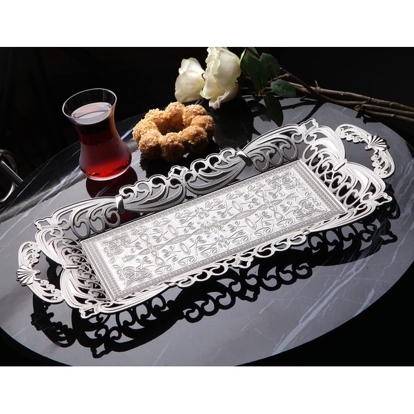 Turkish Tea Coffee Serving Tray with Handles Ottoman Decorative (Silver)