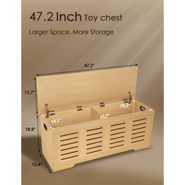 DINZI LVJ Storage Chest, 47.3”Wooden Storage Box with 2 Safety Hinges, Entryway Shoe Bench with Flip-Top, Farmhouse Style Trunk for Living Room, Bedroom, Play Room, Easy Assembly, Natural